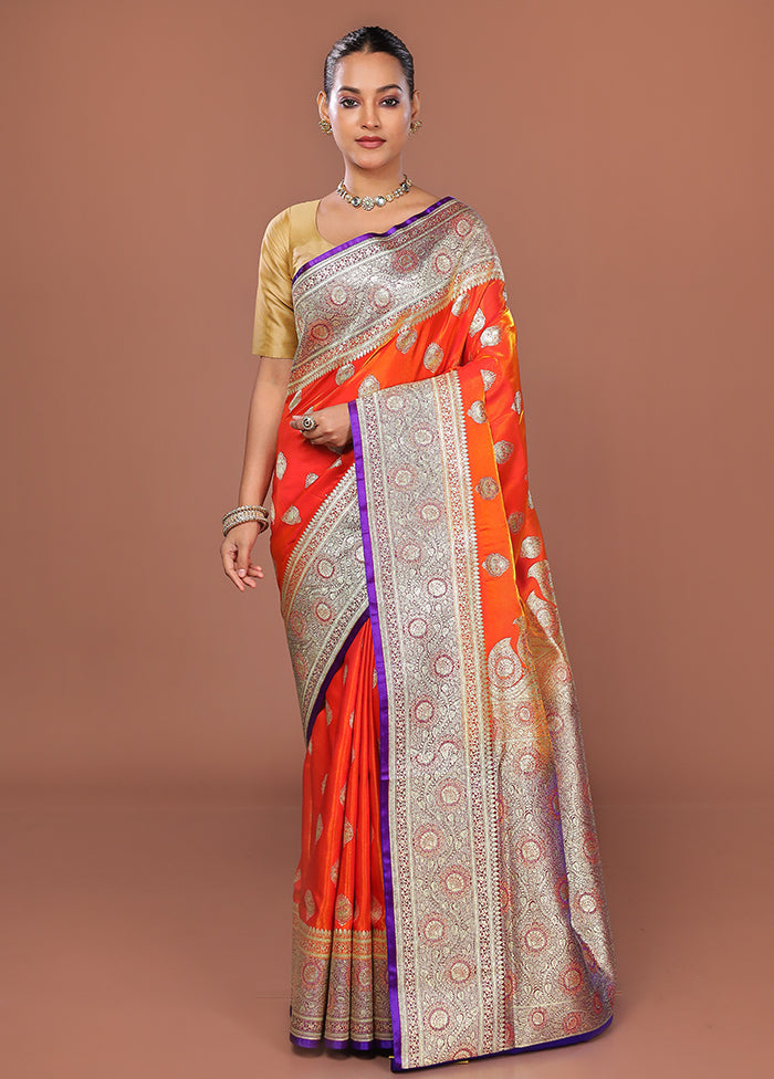 Rust Banarasi Silk Saree With Blouse Piece
