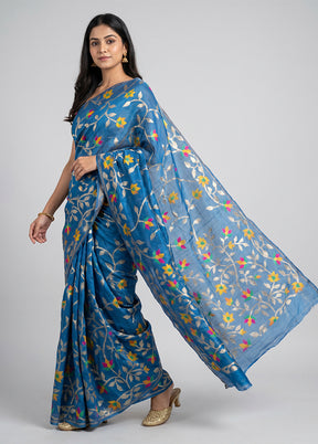 Blue Kora Silk Saree With Blouse Piece