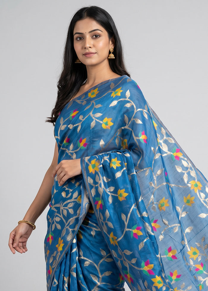 Blue Kora Silk Saree With Blouse Piece