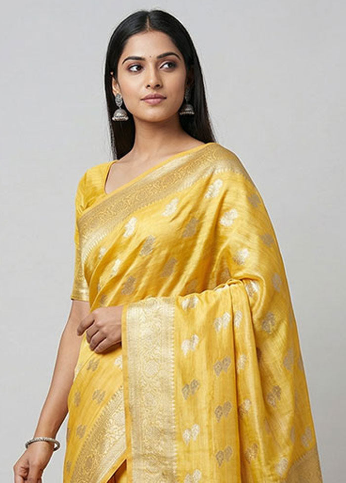 Yellow Kora Silk Saree With Blouse Piece