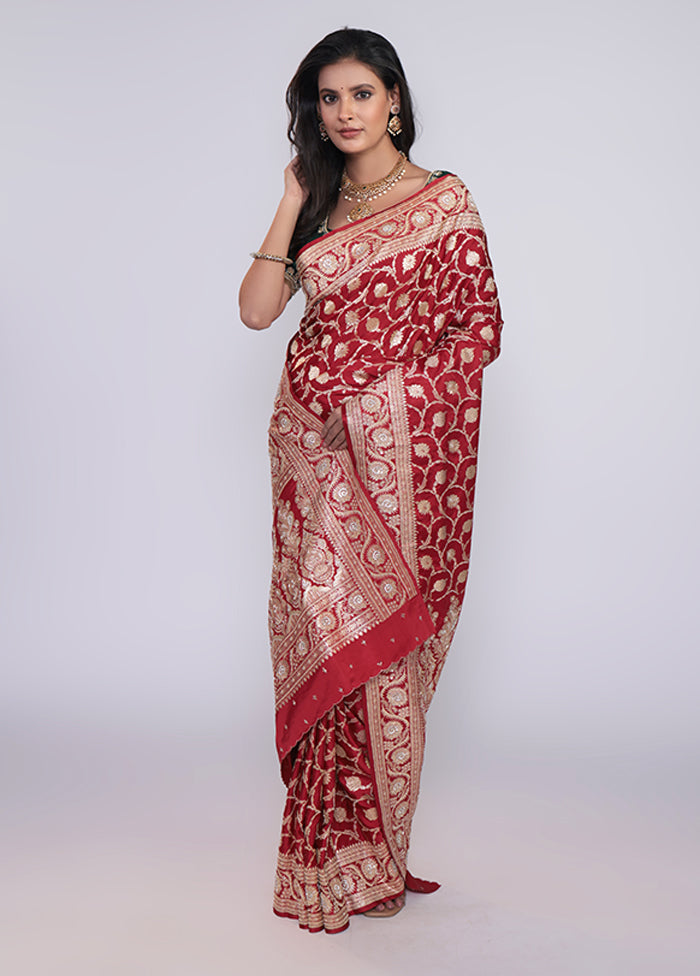 Maroon Handloom Banarasi Pure Silk Saree With Blouse Piece