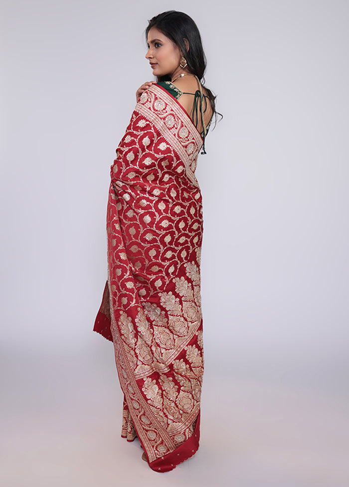 Maroon Handloom Banarasi Pure Silk Saree With Blouse Piece