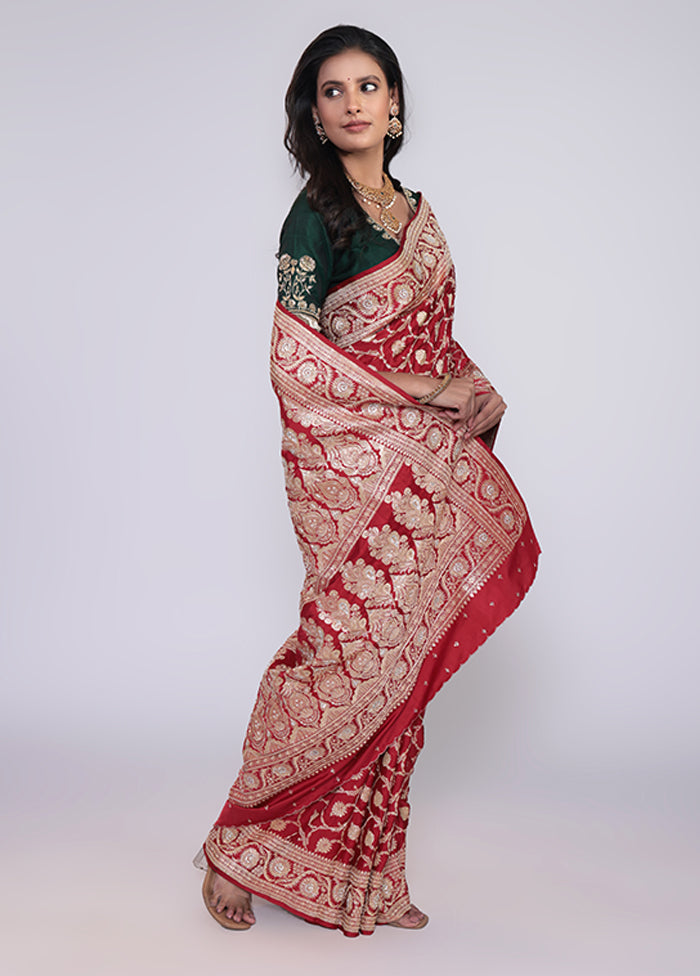 Maroon Handloom Banarasi Pure Silk Saree With Blouse Piece