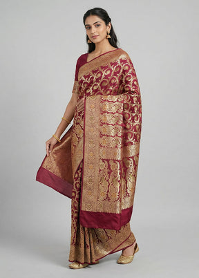 Maroon Handloom Banarasi Pure Silk Saree With Blouse Piece