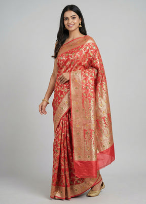 Pink Handloom Banarasi Pure Silk Saree With Blouse Piece