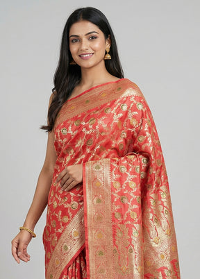 Pink Handloom Banarasi Pure Silk Saree With Blouse Piece