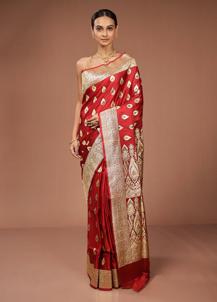 Red Handloom Banarasi Pure Silk Saree With Blouse Piece