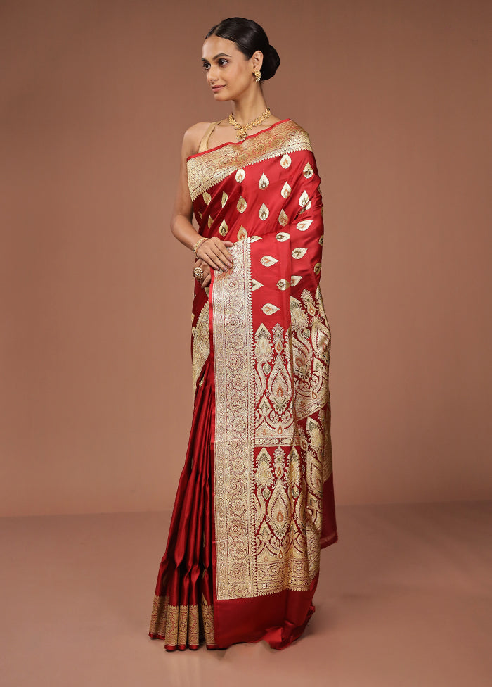 Red Handloom Banarasi Pure Silk Saree With Blouse Piece