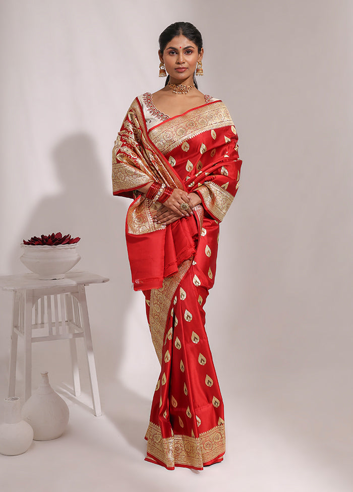 Red Handloom Banarasi Pure Silk Saree With Blouse Piece