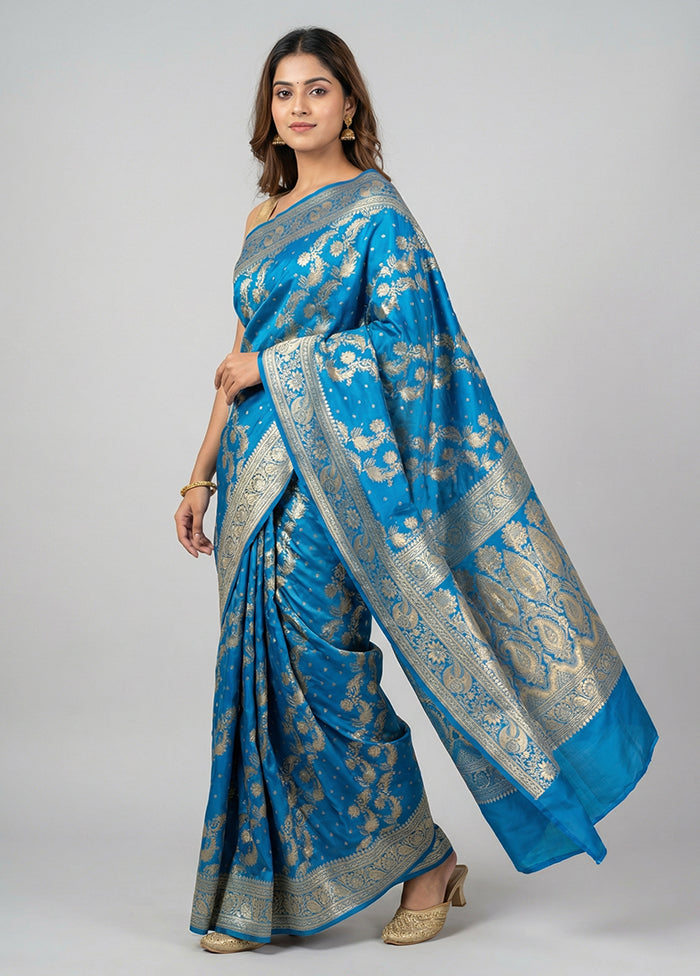Blue Handloom Banarasi Pure Silk Saree With Blouse Piece