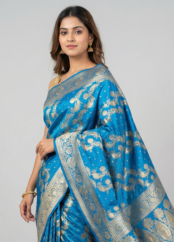 Blue Handloom Banarasi Pure Silk Saree With Blouse Piece