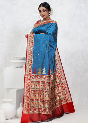 Blue Katan Pure Silk Saree With Blouse Piece - Indian Silk House Agencies