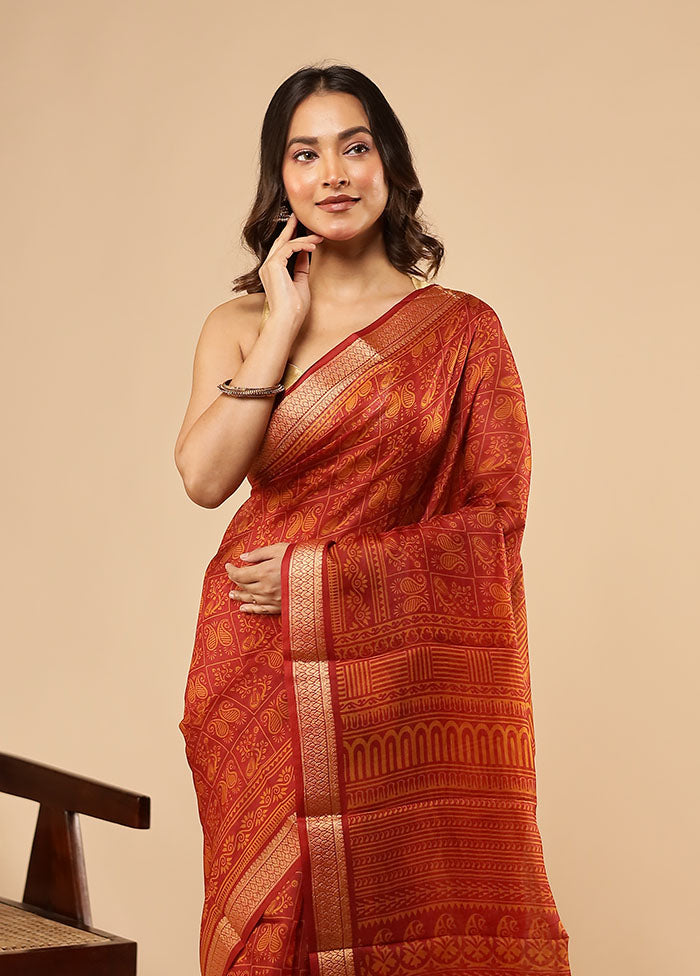 Rust Printed Pure Silk Saree Without Blouse Piece