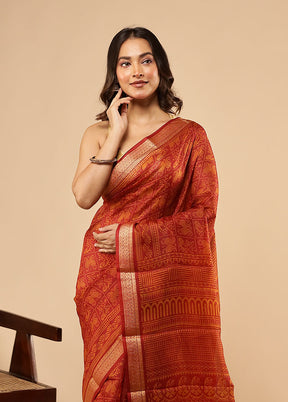 Rust Printed Pure Silk Saree Without Blouse Piece