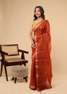Rust Printed Pure Silk Saree Without Blouse Piece