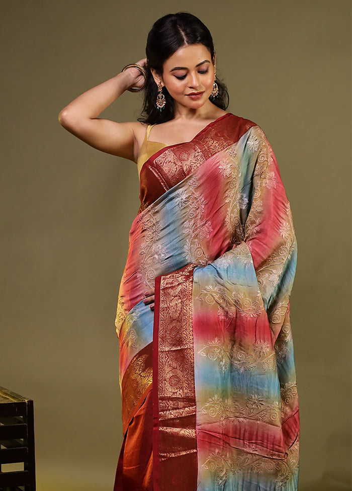 Multicolor Dupion Silk Saree With Blouse Piece