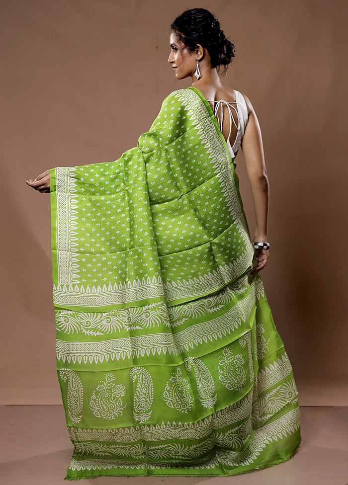Green Printed Pure Silk Saree With Blouse Piece - Indian Silk House Agencies