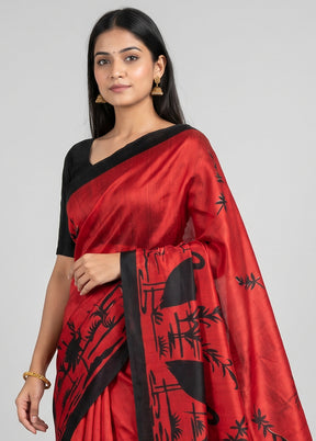 Red Printed Silk Saree Without Blouse Piece
