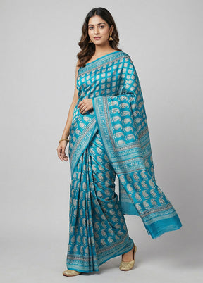 Blue Printed Pure Silk Saree Without Blouse Piece