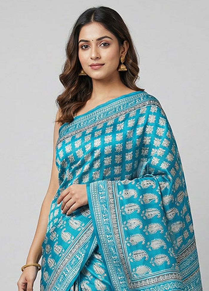 Blue Printed Pure Silk Saree Without Blouse Piece