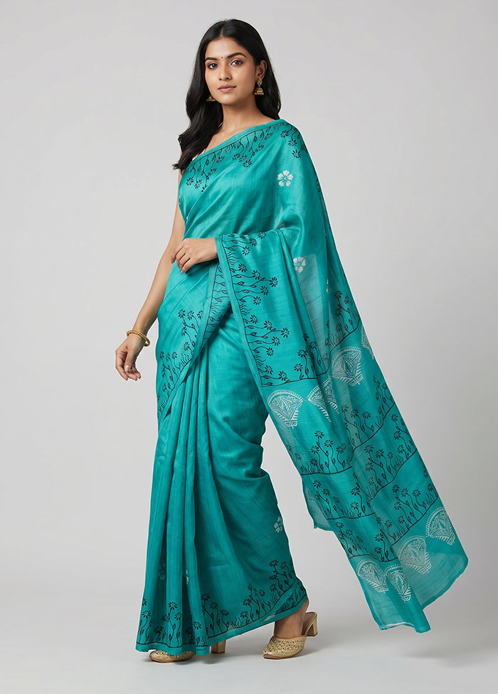 Green Printed Pure Silk Saree Without Blouse Piece