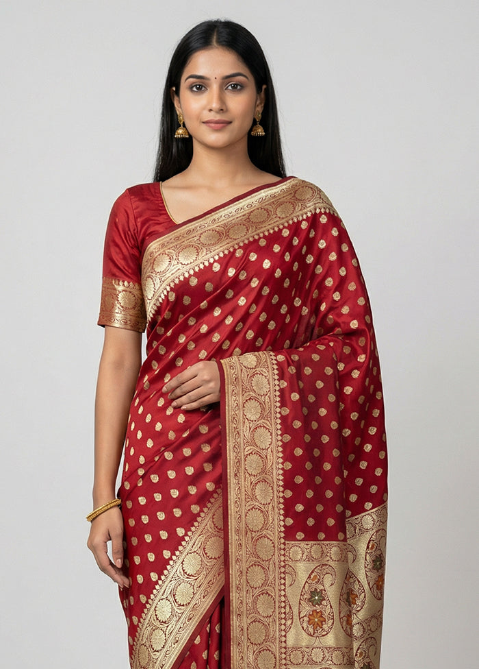 Maroon Banarasi Silk Saree With Blouse Piece