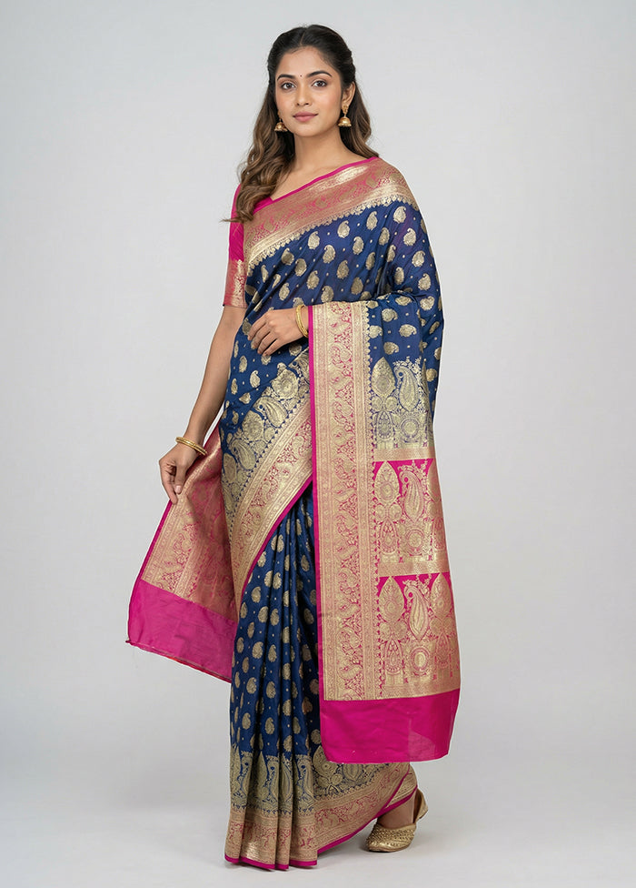 Blue Banarasi Silk Saree With Blouse Piece