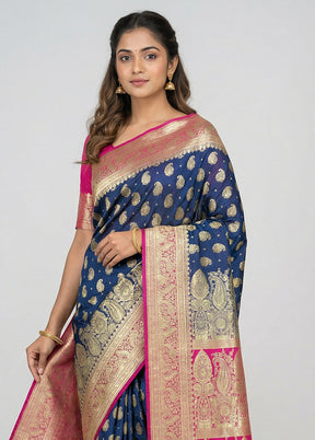 Blue Banarasi Silk Saree With Blouse Piece