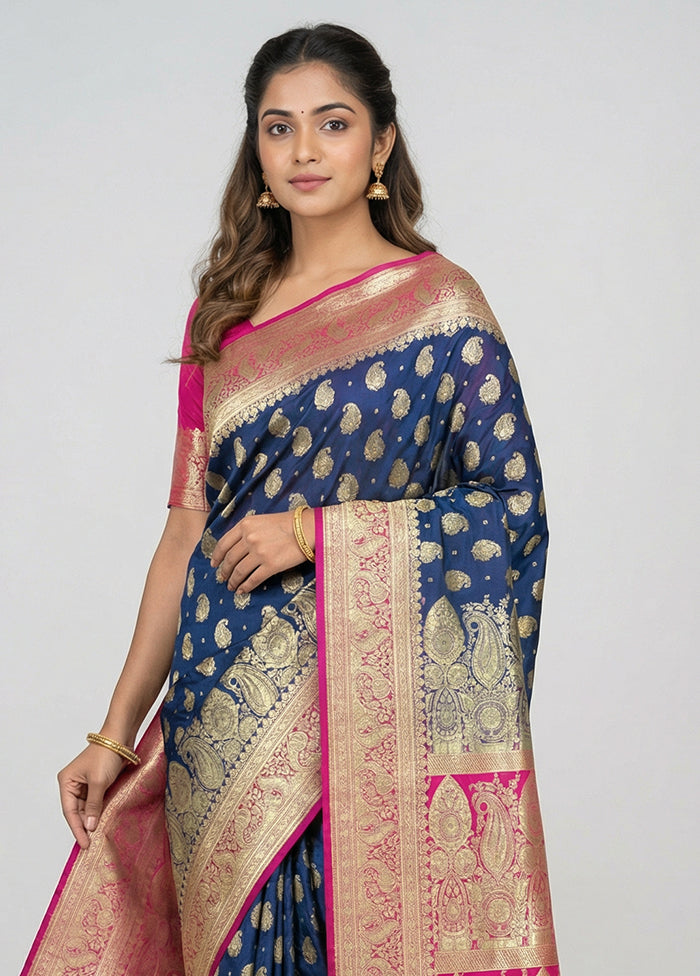 Blue Banarasi Silk Saree With Blouse Piece