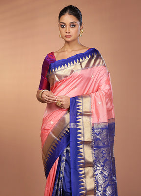 Peach Handloom Kanjivaram Pure Silk Saree With Blouse Piece