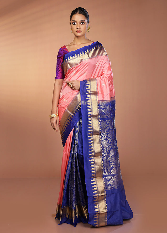 Peach Handloom Kanjivaram Pure Silk Saree With Blouse Piece