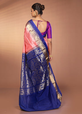 Peach Handloom Kanjivaram Pure Silk Saree With Blouse Piece