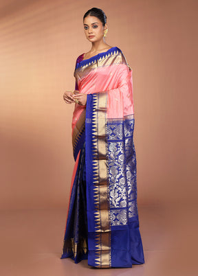 Peach Handloom Kanjivaram Pure Silk Saree With Blouse Piece
