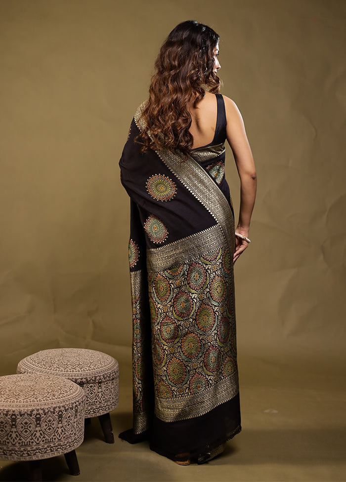 Black Handloom Pure Georgette Saree With Blouse Piece
