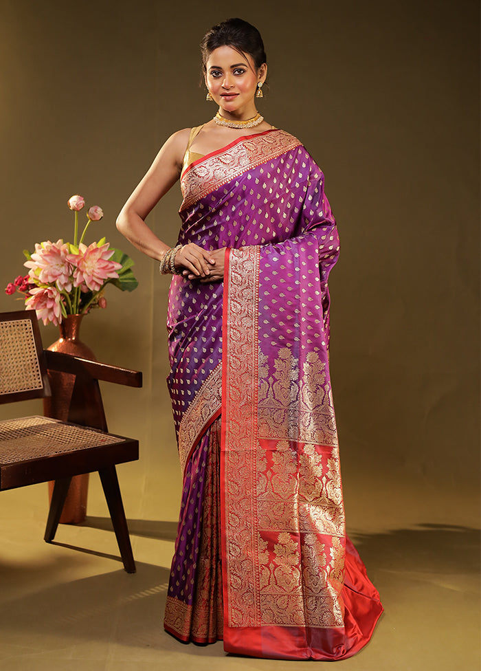 Purple Handloom Banarasi Pure Silk Saree With Blouse Piece