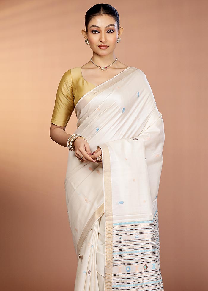 Cream Handloom Tussar Pure Silk Saree With Blouse Piece