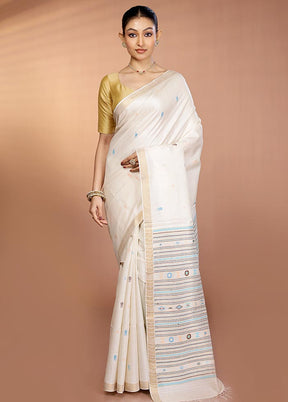 Cream Handloom Tussar Pure Silk Saree With Blouse Piece