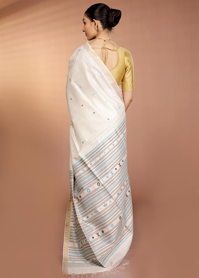 Cream Handloom Tussar Pure Silk Saree With Blouse Piece