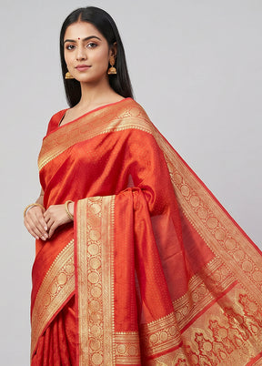 Red Handloom Banarasi Pure Silk Saree With Blouse Piece