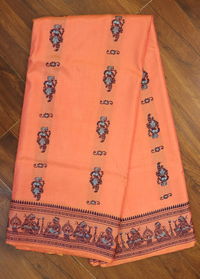 Peach Handloom Baluchari Pure Silk Saree With Blouse Piece