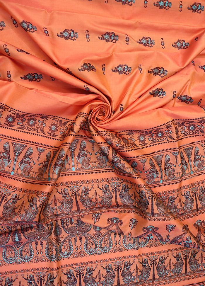 Peach Handloom Baluchari Pure Silk Saree With Blouse Piece