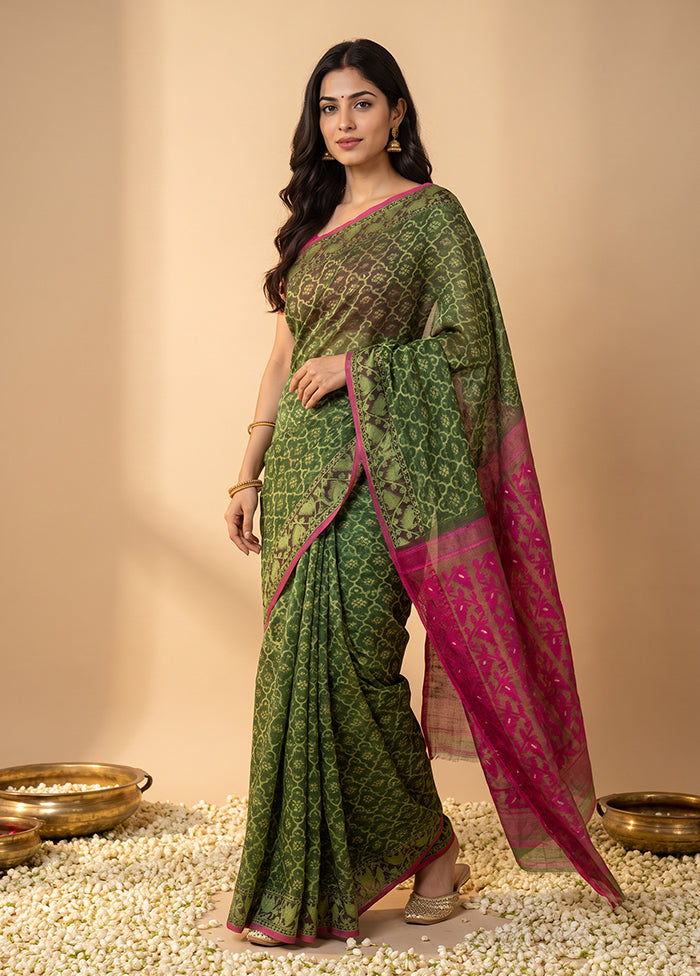 Green Jamdani Cotton Saree Without Blouse Piece