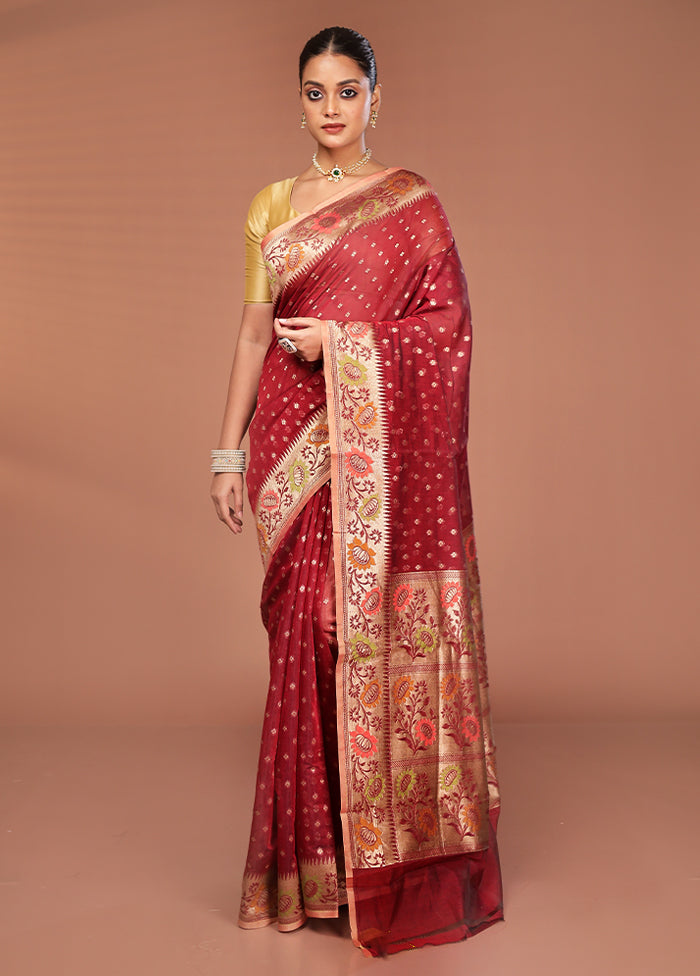 Maroon Pure Cotton Saree With Blouse Piece