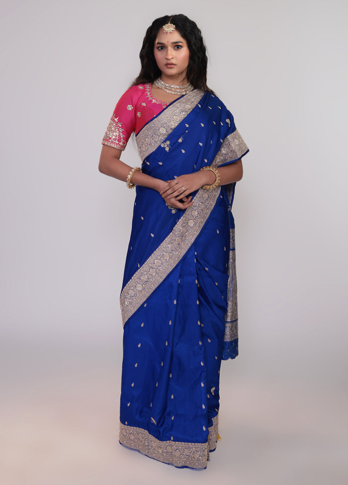 Blue Handloom Banarasi Pure Silk Saree With Blouse Piece