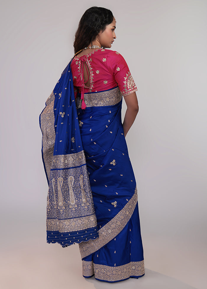 Blue Handloom Banarasi Pure Silk Saree With Blouse Piece