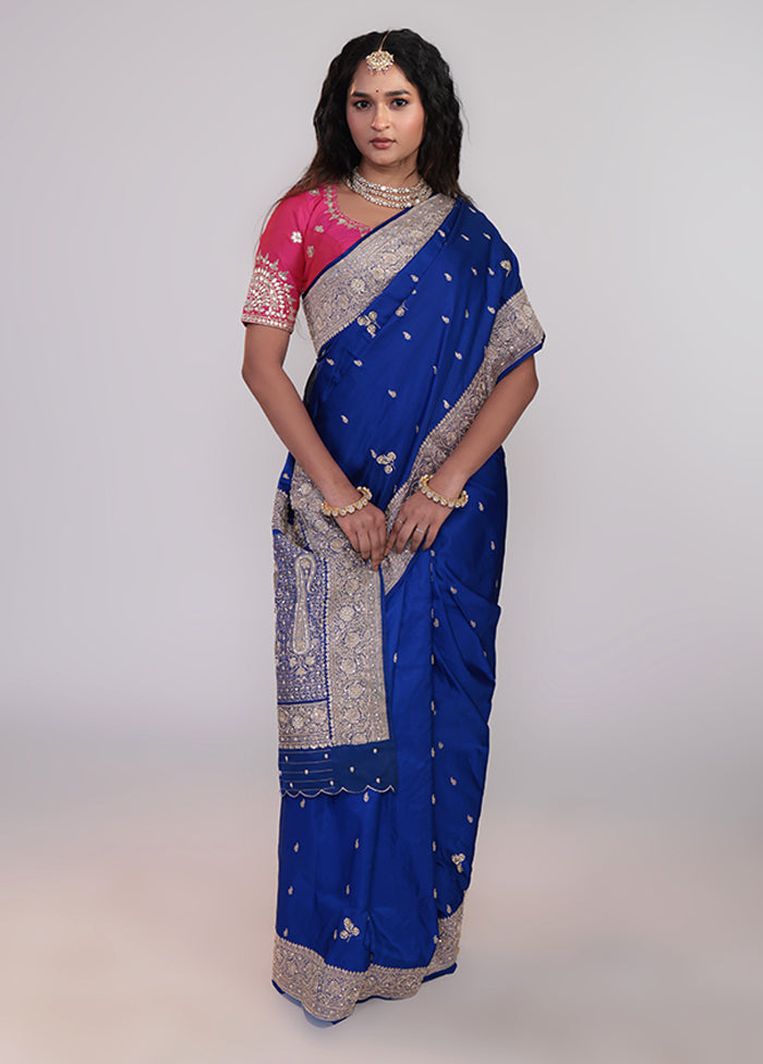 Blue Handloom Banarasi Pure Silk Saree With Blouse Piece