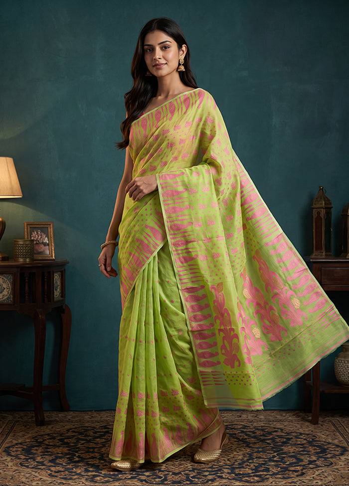 Green Jamdani Cotton Saree Without Blouse Piece