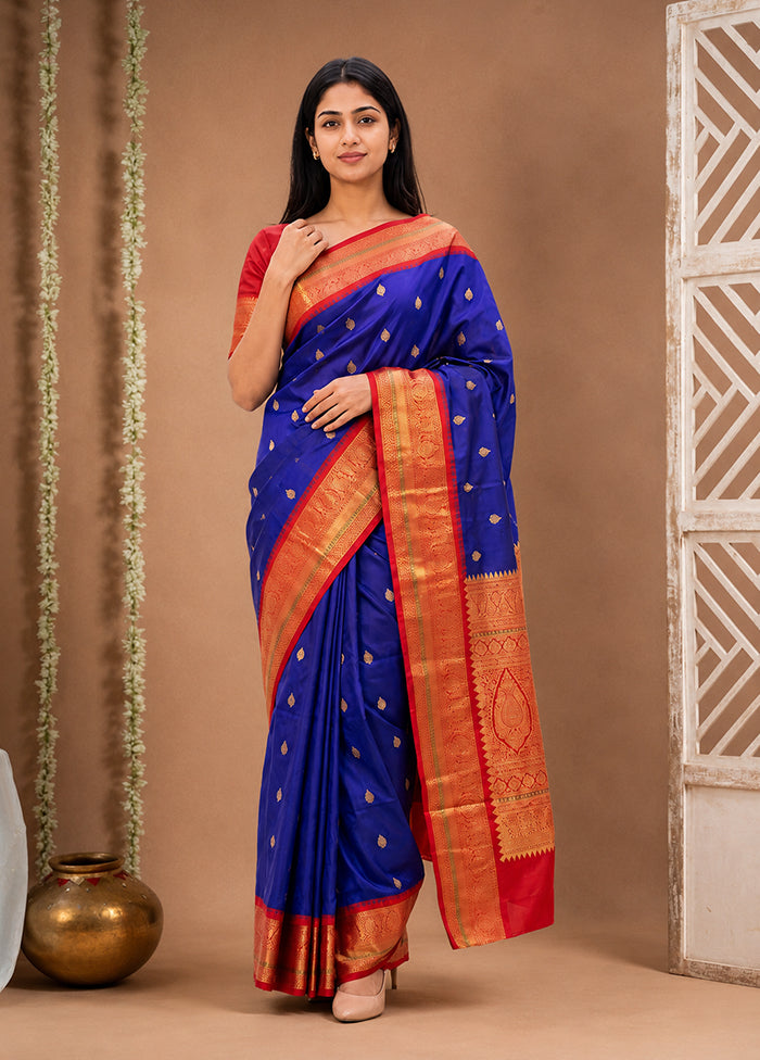 Blue Handloom Kanchipuram Pure Silk Saree With Blouse Piece