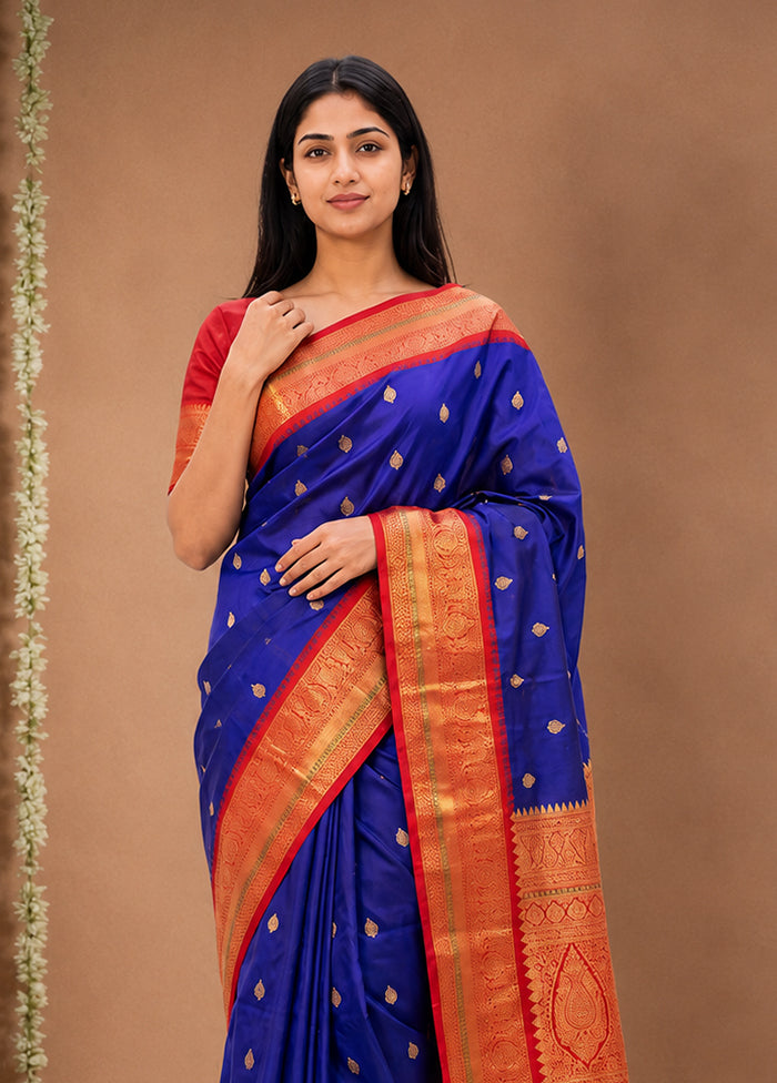 Blue Handloom Kanchipuram Pure Silk Saree With Blouse Piece