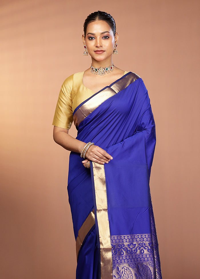 Blue Kanjivaram Silk Saree With Blouse Piece